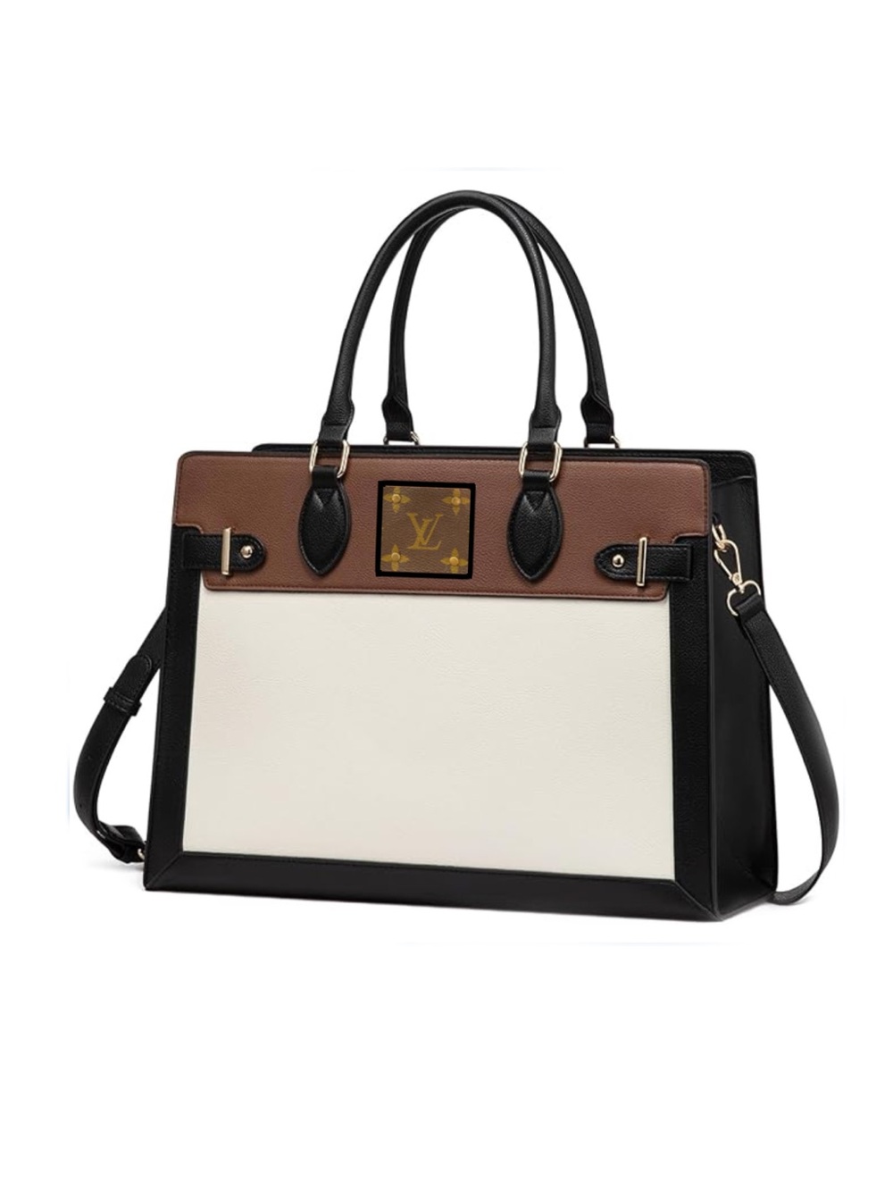 Upcycled Colorblock Leather Satchel in Black, Brown & White - Designer Plaque